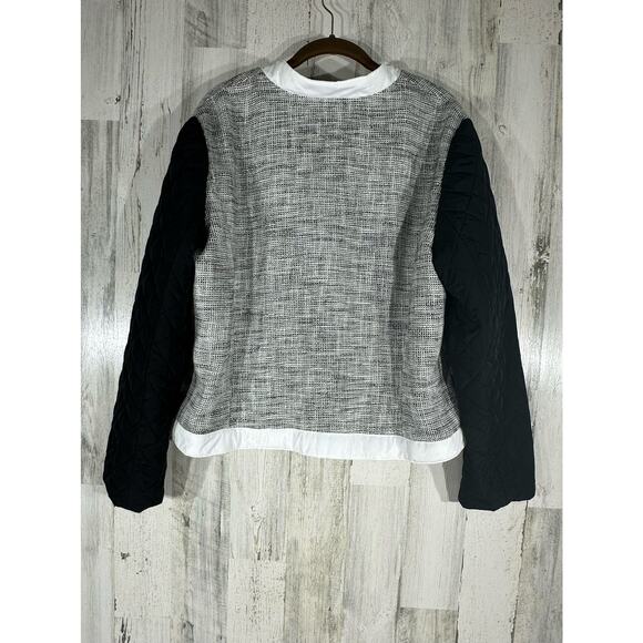 Chicos Jacket 3 or XL Black White Mixed Media Tweed Quilted Sleeves Lightweight - Picture 2 of 7